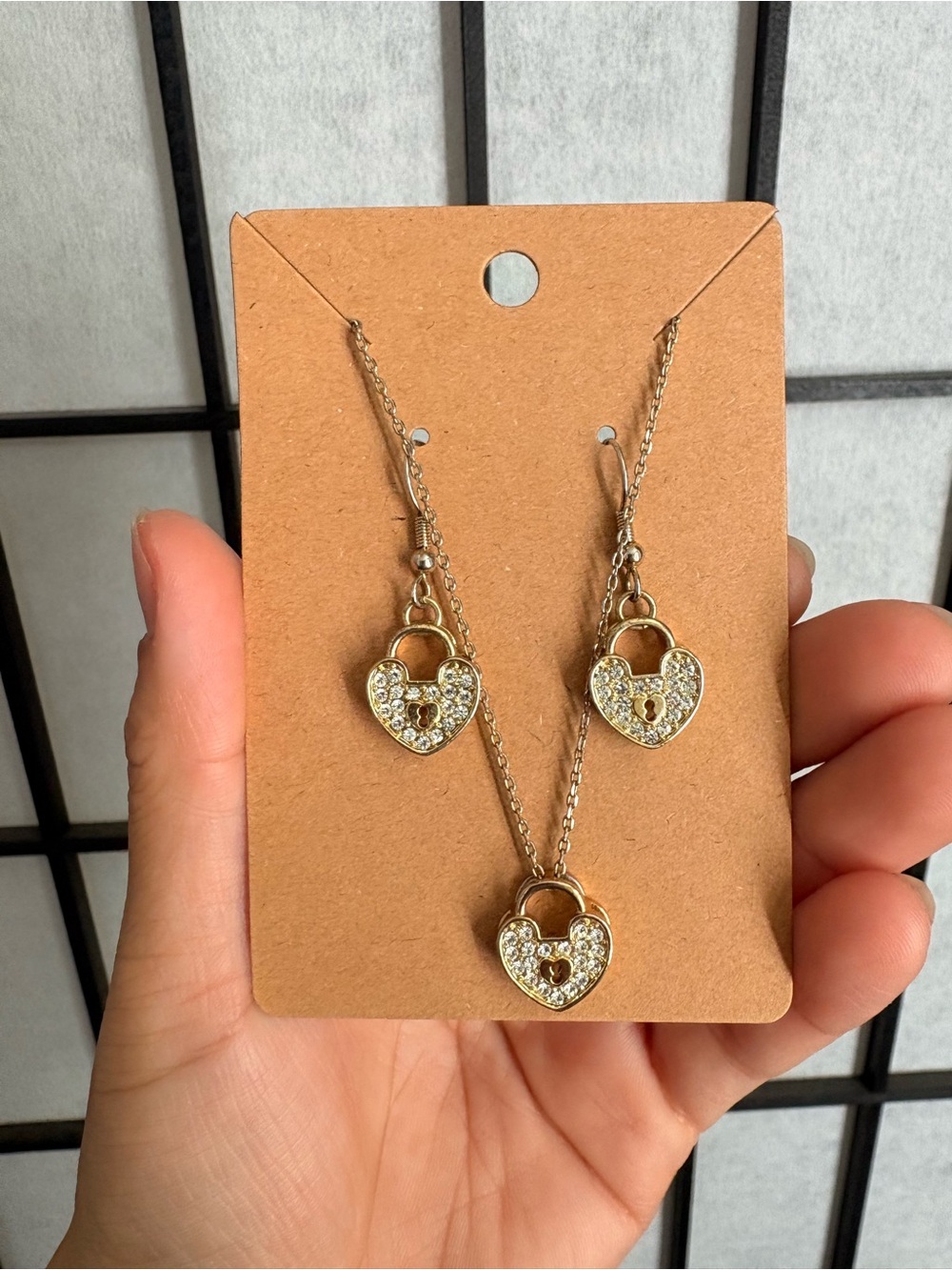 Gold Tone Heart Lock Pendant Necklace & Earrings Set - Sparkling Crystal Accent